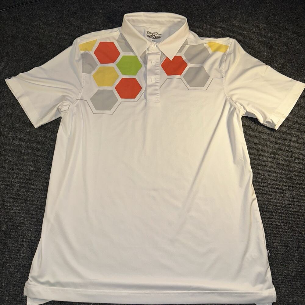 Straight Down Golf Shirt Mens Medium M White Hexagon Honeycomb Performance Polo